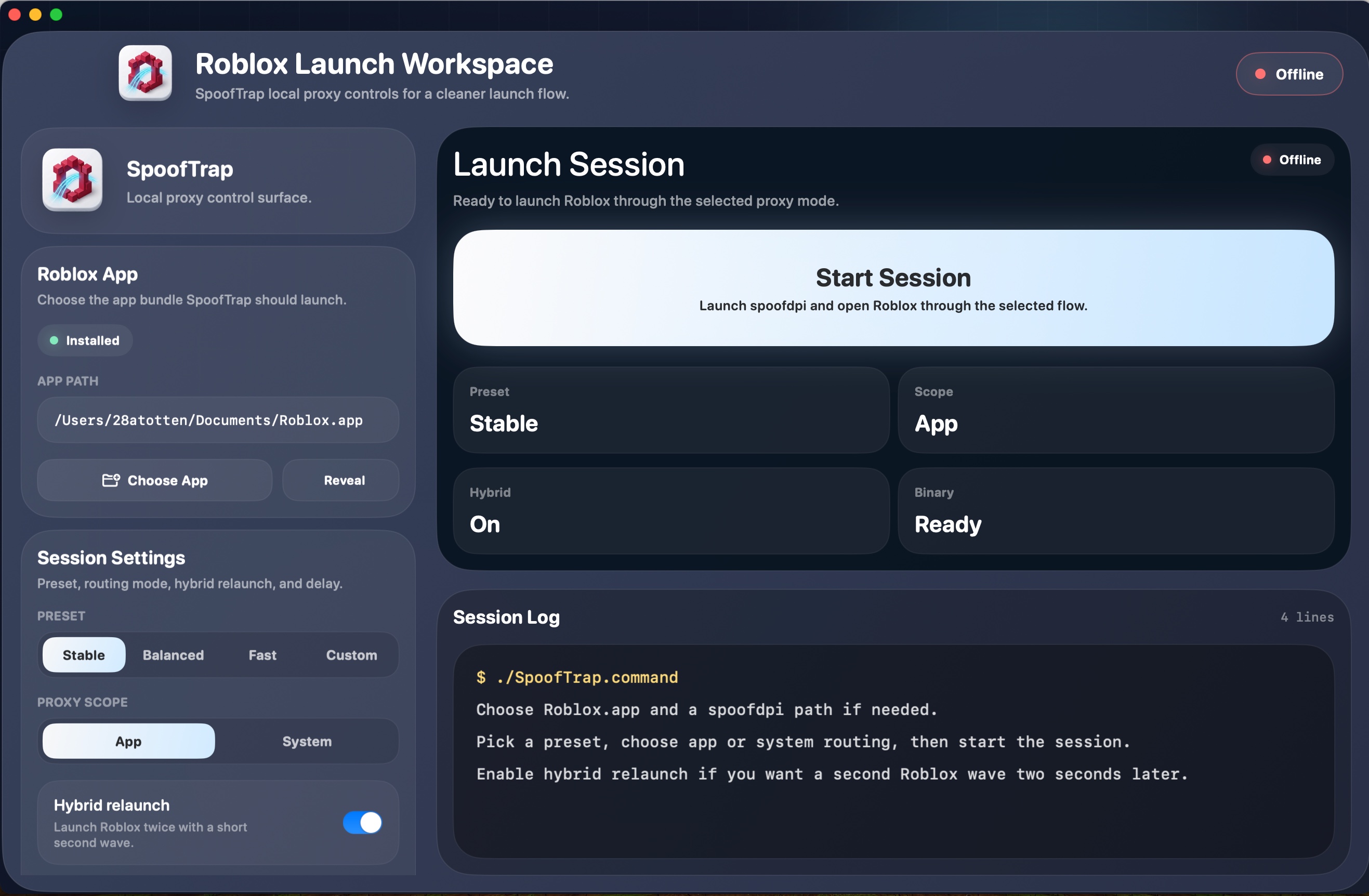 Large SpoofTrap macOS app screenshot showing the Roblox Launch Workspace and session log
